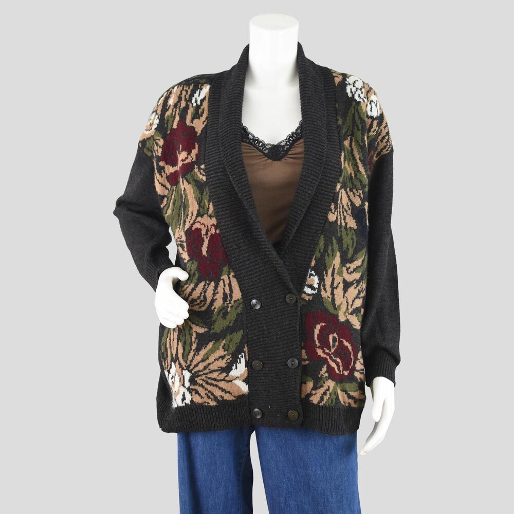 Vintage 80s Dark Floral Cardigan, Gray & Burgundy, Women's Medium